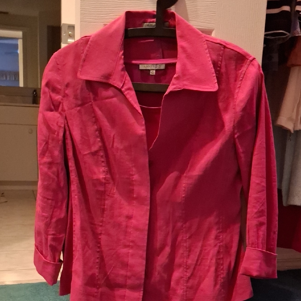 Anne Klein Pink Fitted Notched Collar Button Down Shirt